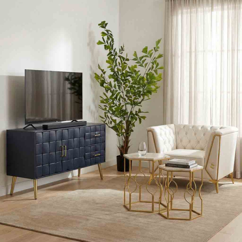 Lot de 2 tables d'appoint Art déco métal doré pierre veinée Azetea  - 2