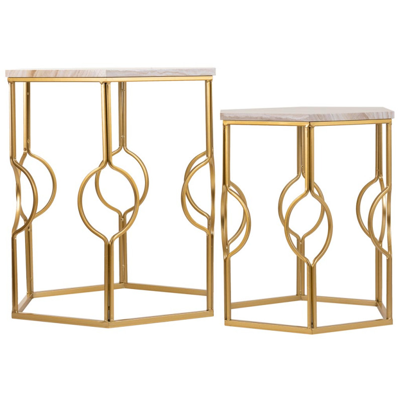 Lot de 2 tables d'appoint Art déco métal doré pierre veinée Azetea  - 3