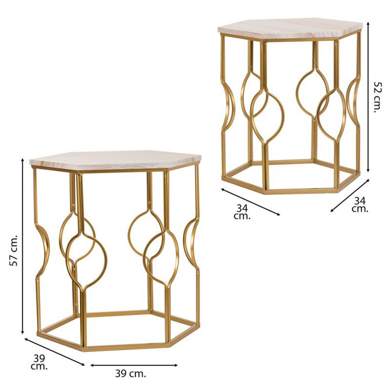 Lot de 2 tables d'appoint Art déco métal doré pierre veinée Azetea  - 8
