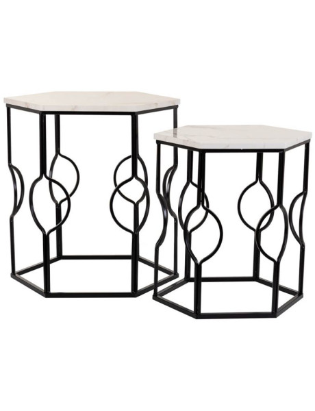Lot de 2 tables d'appoint Art déco métal noir effet marbre blanc Azetea  - 1