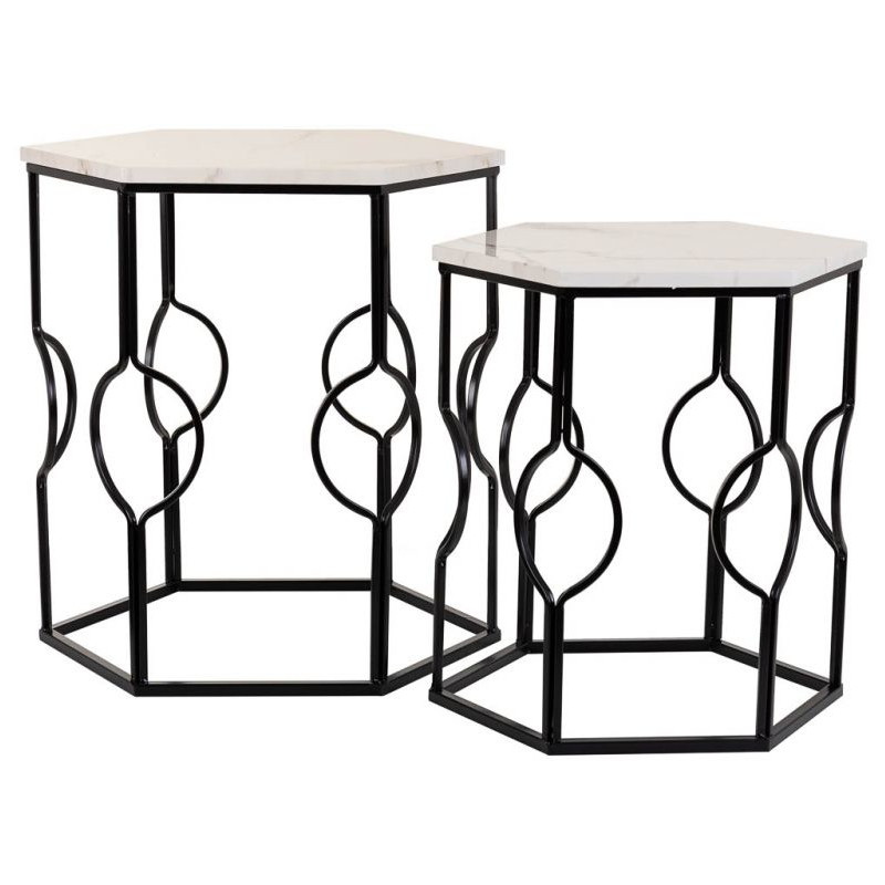 Lot de 2 tables d'appoint Art déco métal noir effet marbre blanc Azetea  - 1
