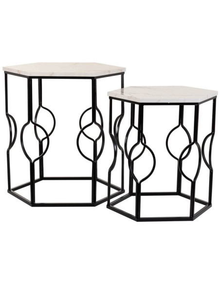 Lot de 2 tables d'appoint Art déco métal noir effet marbre blanc Azetea  - 1