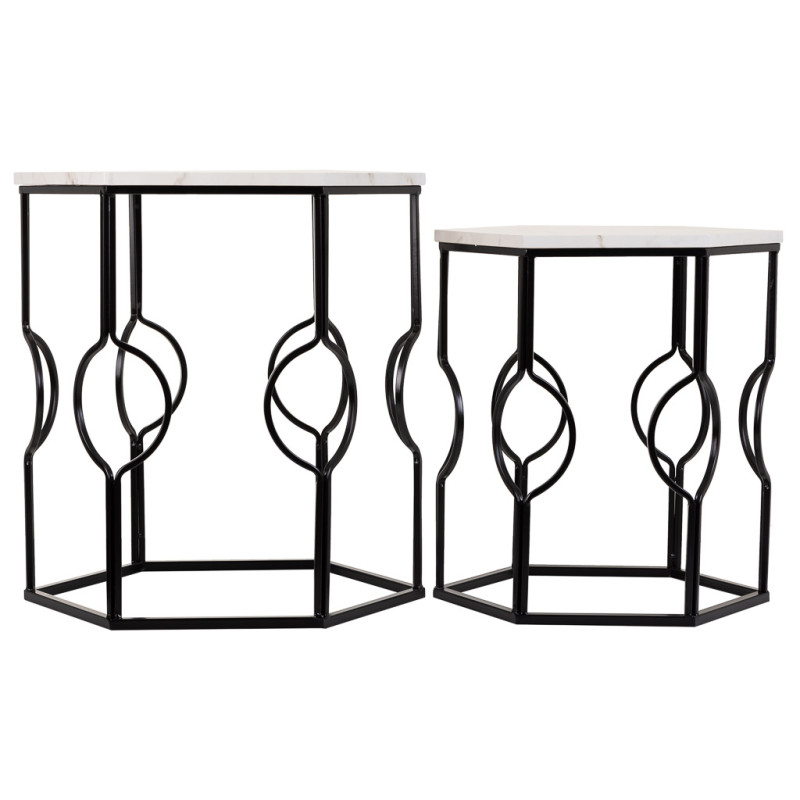 Lot de 2 tables d'appoint Art déco métal noir effet marbre blanc Azetea  - 2