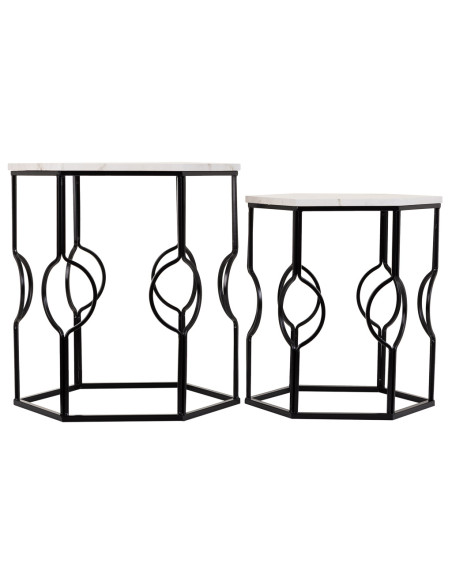 Lot de 2 tables d'appoint Art déco métal noir effet marbre blanc Azetea  - 2