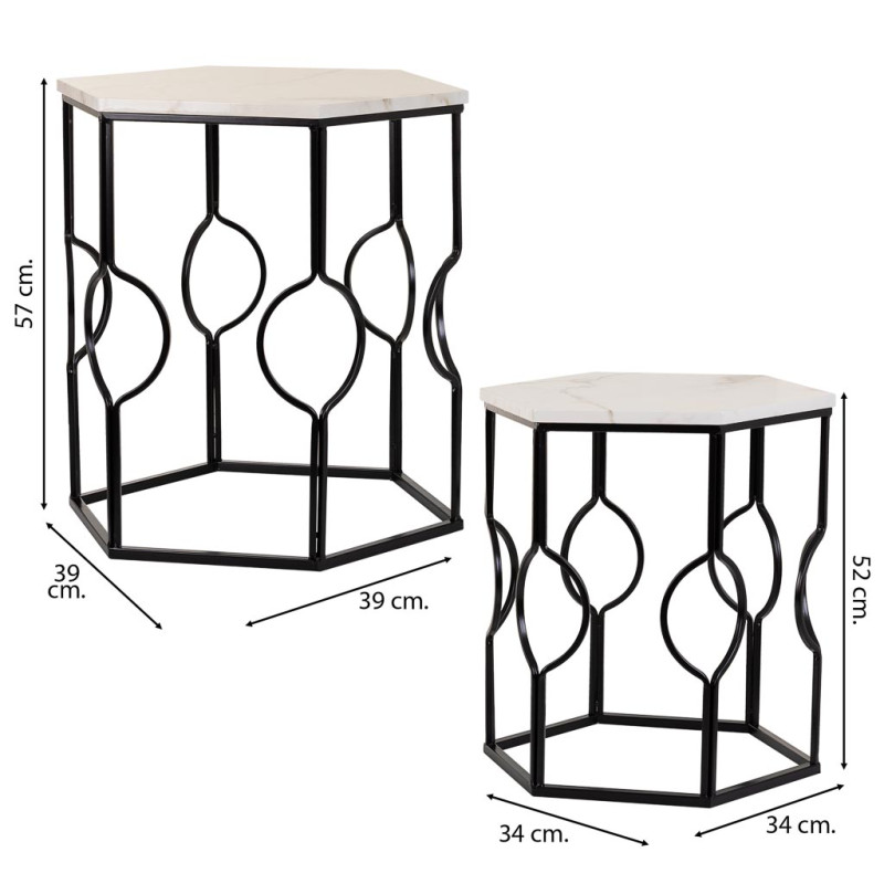 Lot de 2 tables d'appoint Art déco métal noir effet marbre blanc Azetea  - 7