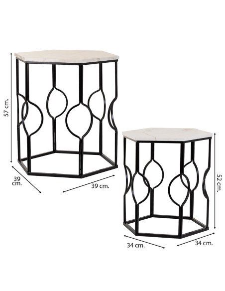 Lot de 2 tables d'appoint Art déco métal noir effet marbre blanc Azetea  - 7