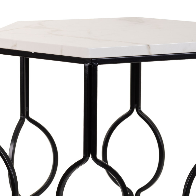 Lot de 2 tables d'appoint Art déco métal noir effet marbre blanc Azetea  - 5