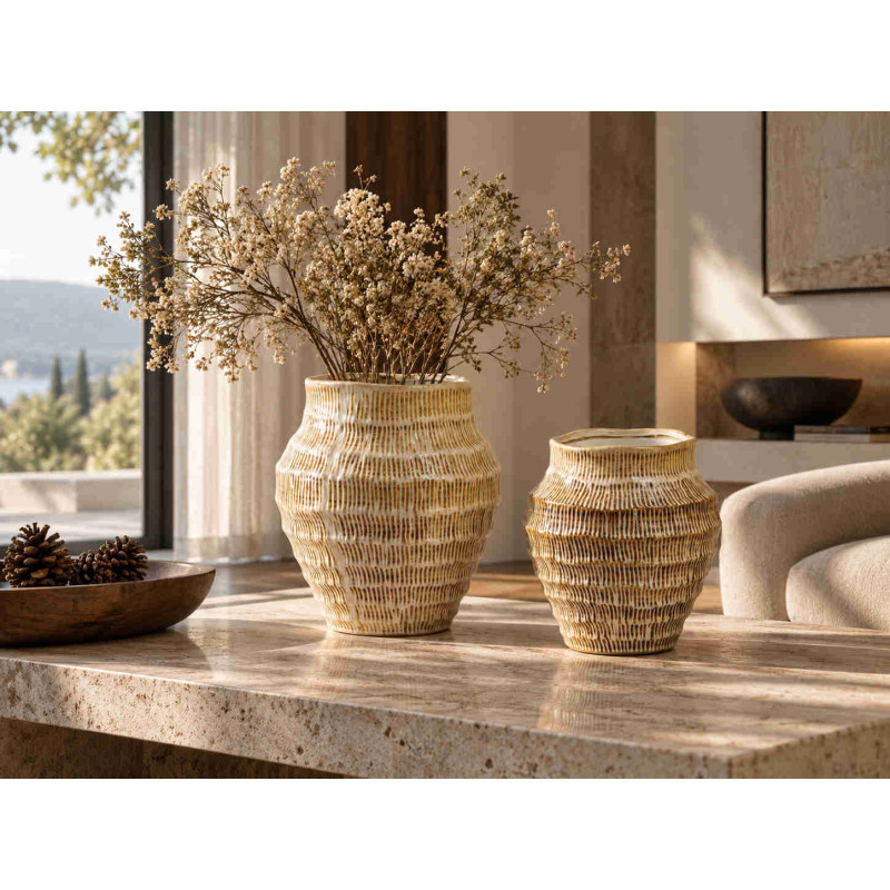 Grand vase beige strié en céramique 30x34 cm Gralek  - 2