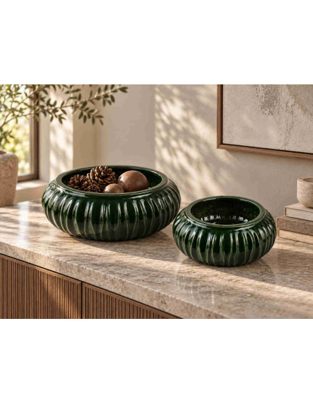 Vase bas vert forêt en céramique striée 37x15 cm Skymek  - 2