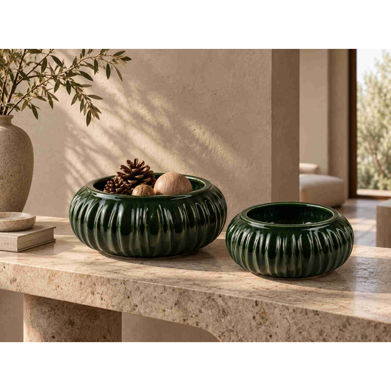 Vase bas vert forêt en céramique striée 37x15 cm Skymek  - 4
