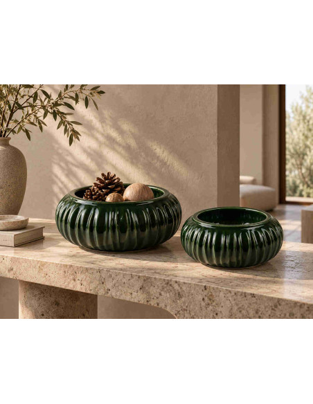 Vase bas vert forêt en céramique striée 37x15 cm Skymek  - 4