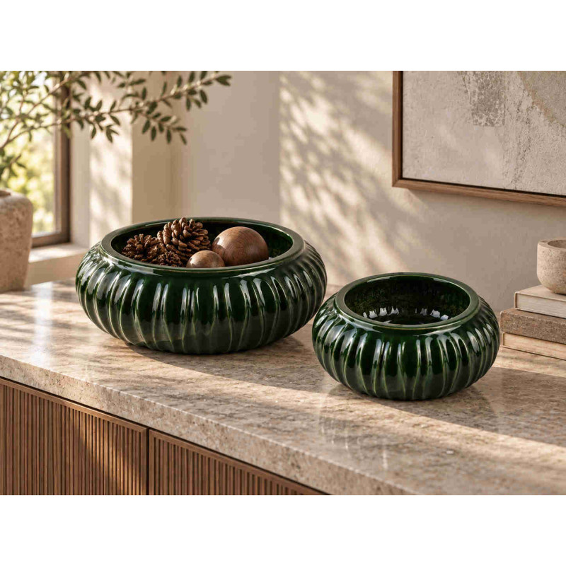 Vase bas vert forêt en céramique striée 26x11 cm Skymek  - 2