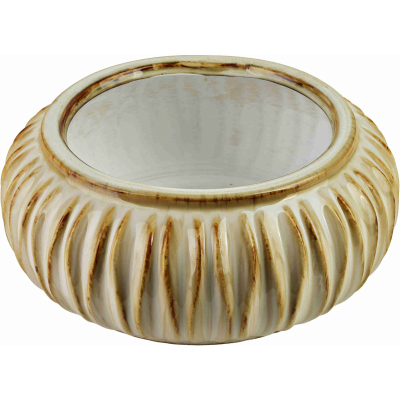 Vase bas beige ivoire céramique striée 26x11 cm Skozek  - 1