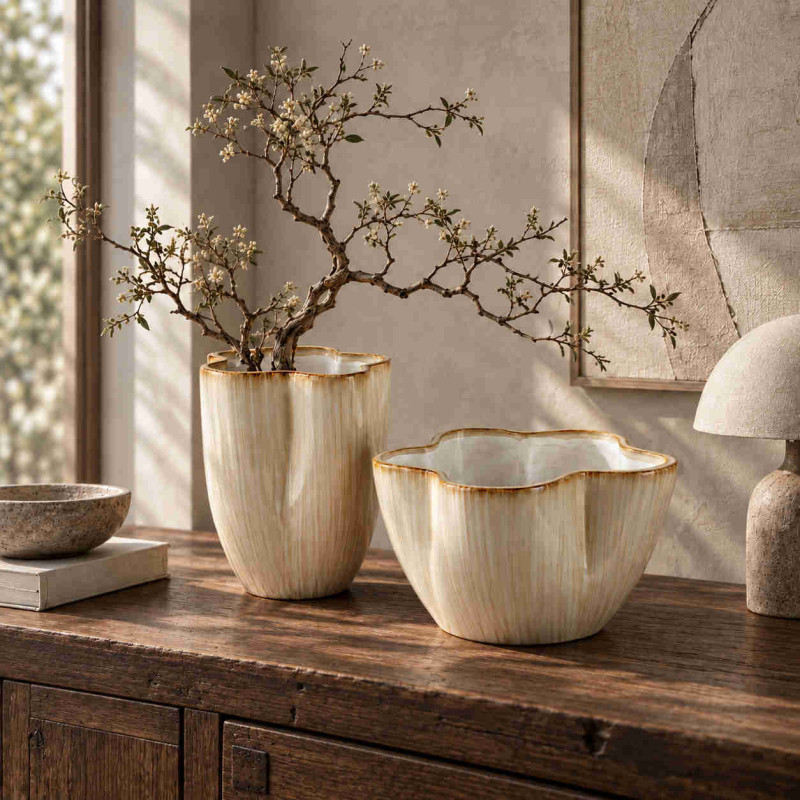 Cache-pot organique en céramique beige 31x31x19,5 cm Klydyn  - 2