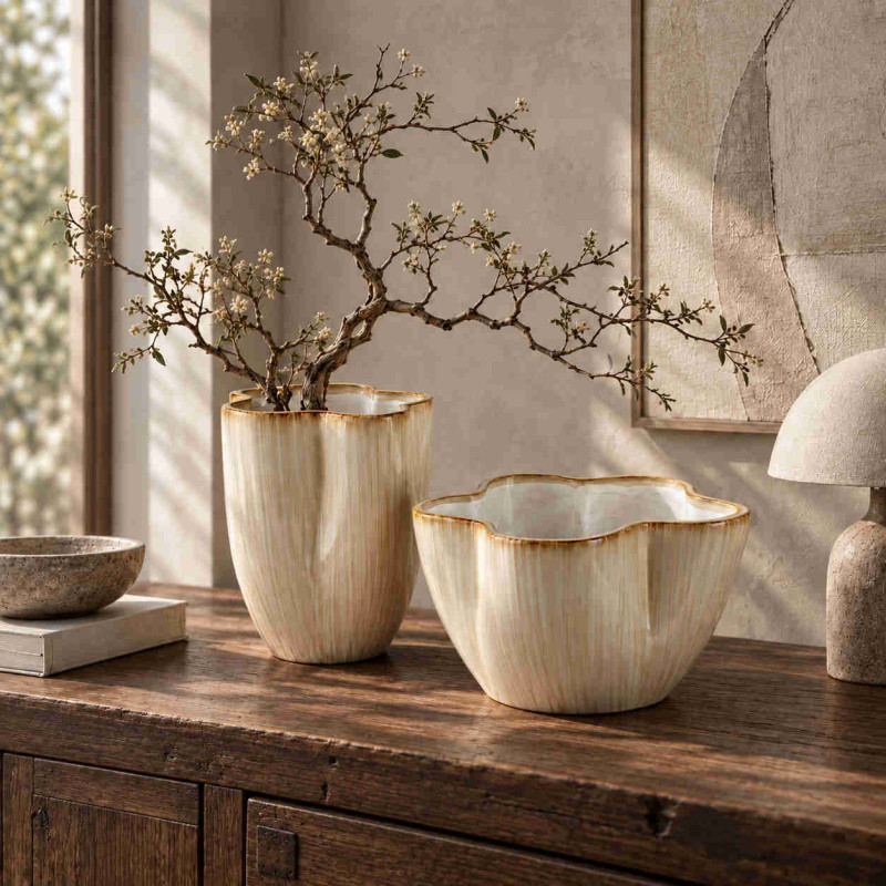 Vase organique beige crème en céramique 23x23x25,5 cm Klydyn  - 2