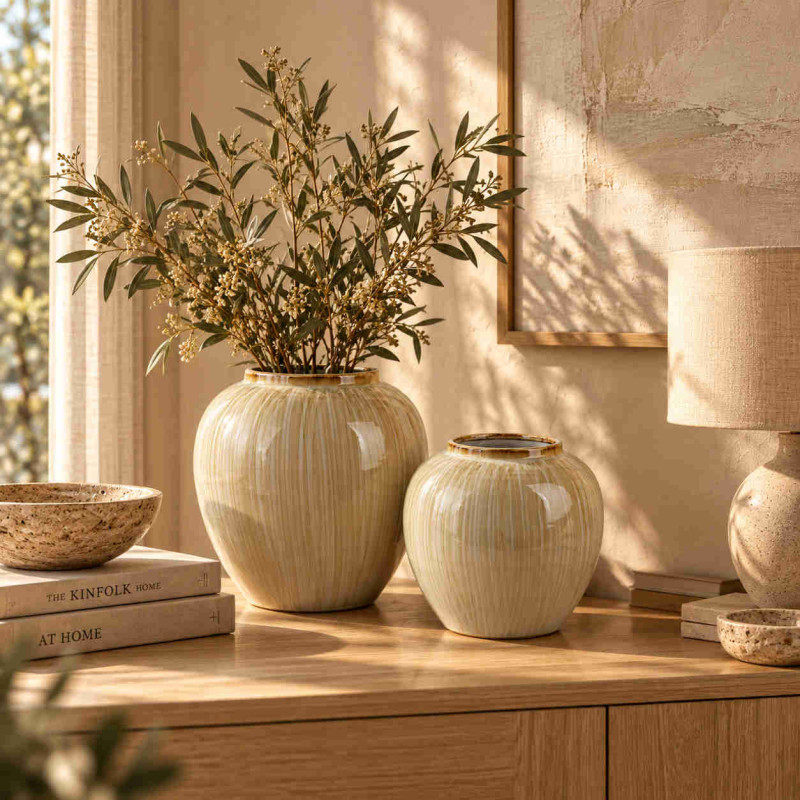Vase boule beige crème en céramique striée 33x33 cm Czydar  - 2