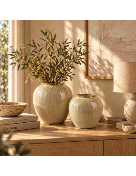 Vase boule beige crème en céramique striée 26x25 cm Czydar  - 2