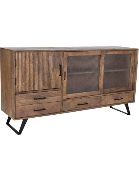 Buffet industriel en manguier brun métal noir et verre strié 160x40x84 cm Sestao  - 1