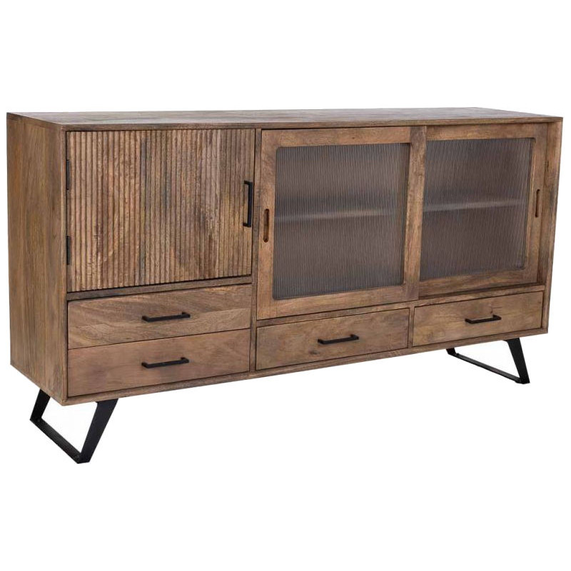 Buffet industriel en manguier brun métal noir et verre strié 160x40x84 cm Sestao  - 1