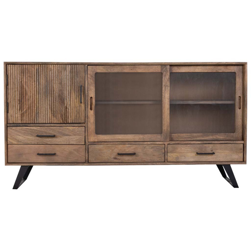 Buffet industriel en manguier brun métal noir et verre strié 160x40x84 cm Sestao  - 2