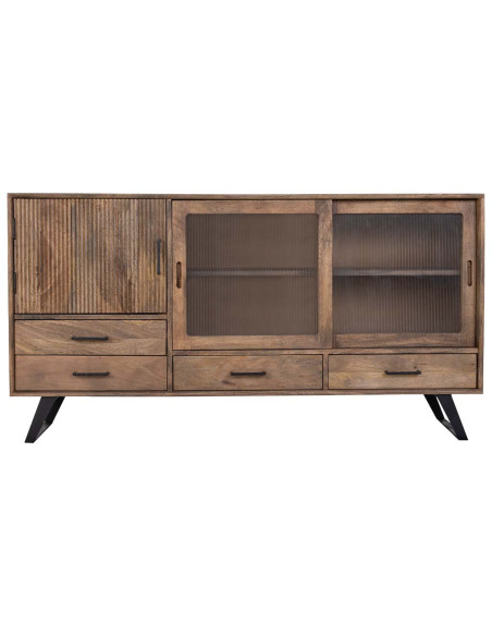Buffet industriel en manguier brun métal noir et verre strié 160x40x84 cm Sestao  - 2
