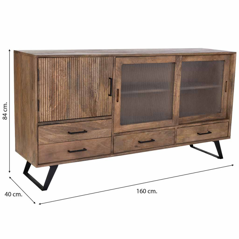 Buffet industriel en manguier brun métal noir et verre strié 160x40x84 cm Sestao  - 9