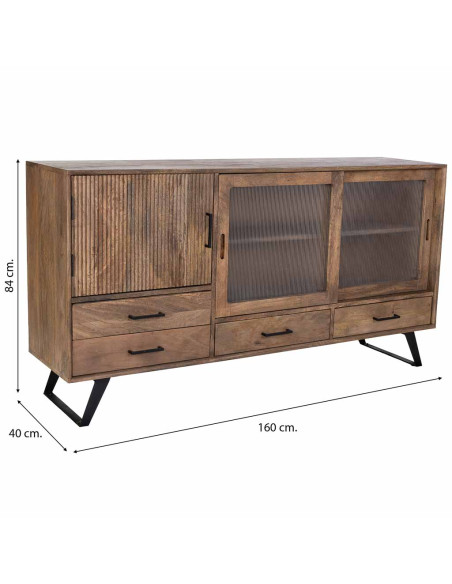 Buffet industriel en manguier brun métal noir et verre strié 160x40x84 cm Sestao  - 9