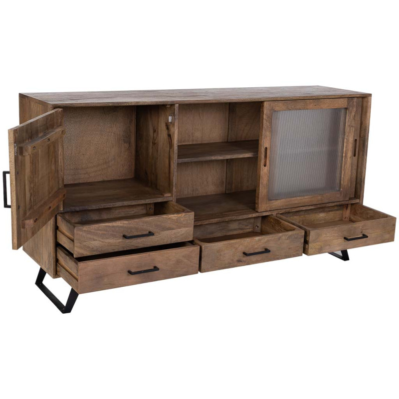 Buffet industriel en manguier brun métal noir et verre strié 160x40x84 cm Sestao  - 3