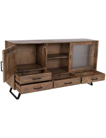 Buffet industriel en manguier brun métal noir et verre strié 160x40x84 cm Sestao  - 3