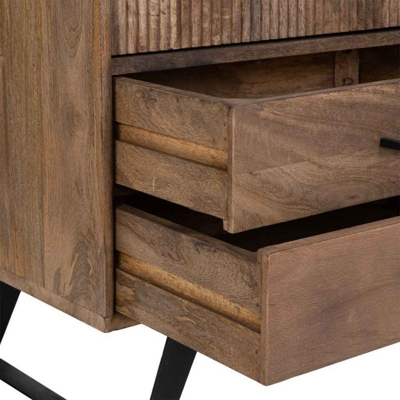 Buffet industriel en manguier brun métal noir et verre strié 160x40x84 cm Sestao  - 5
