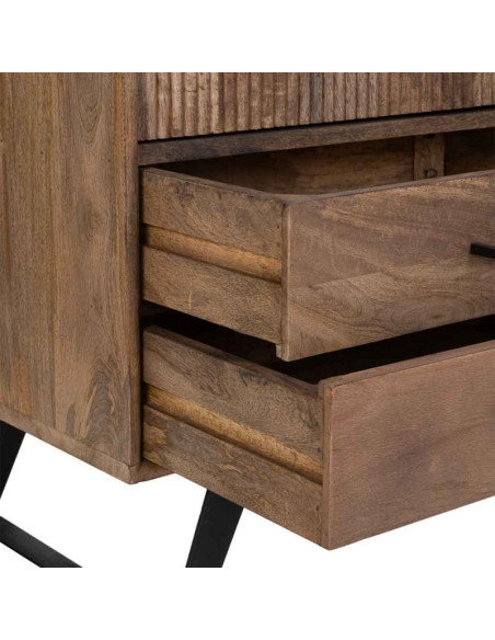 Buffet industriel en manguier brun métal noir et verre strié 160x40x84 cm Sestao  - 5
