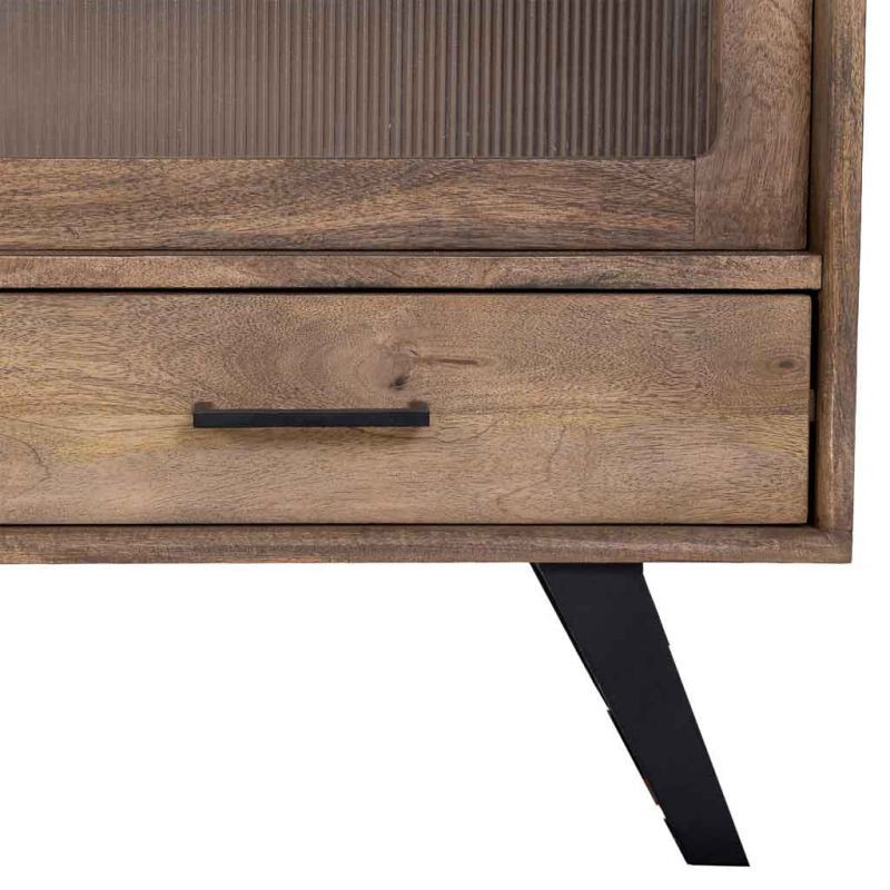Buffet industriel en manguier brun métal noir et verre strié 160x40x84 cm Sestao  - 8