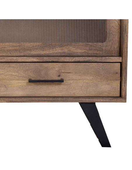 Buffet industriel en manguier brun métal noir et verre strié 160x40x84 cm Sestao  - 8