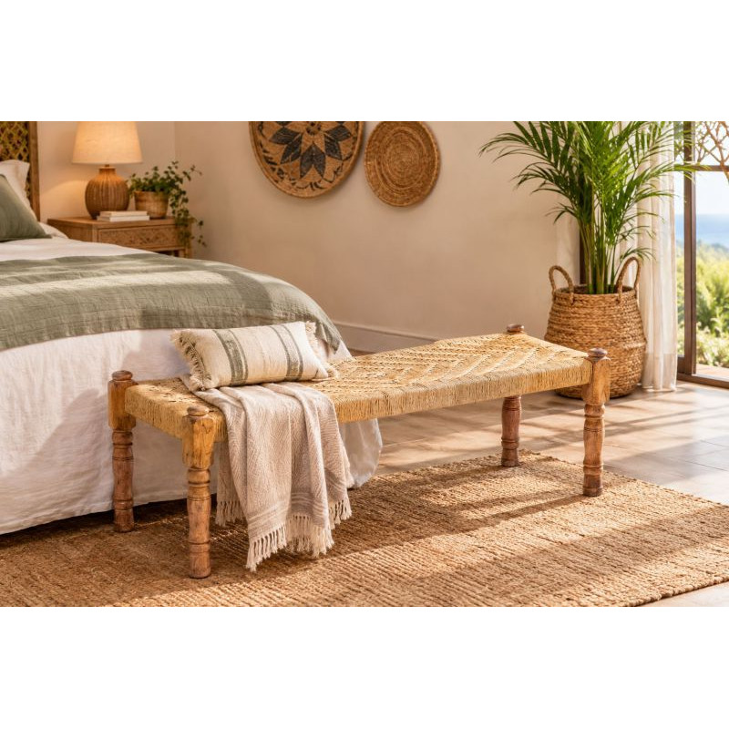 Banc bohème bois brun corde tressée 145x55x59 cm Ma  - 2