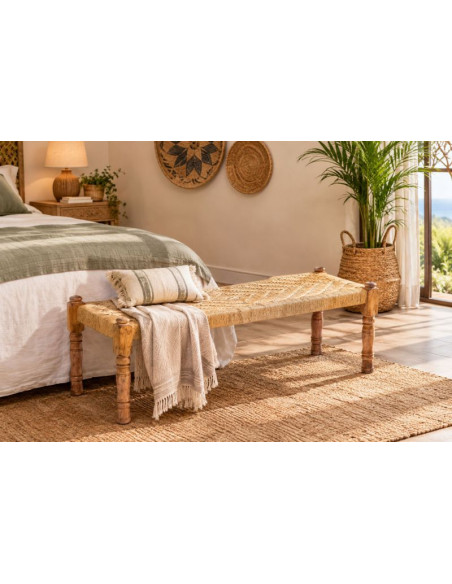 Banc bohème bois brun corde tressée 145x55x59 cm Ma  - 2