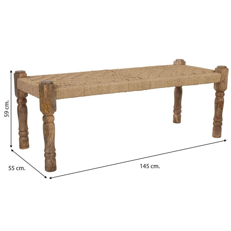 Banc bohème bois brun corde tressée 145x55x59 cm Ma  - 8