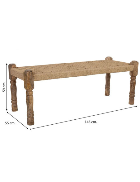 Banc bohème bois brun corde tressée 145x55x59 cm Ma  - 8