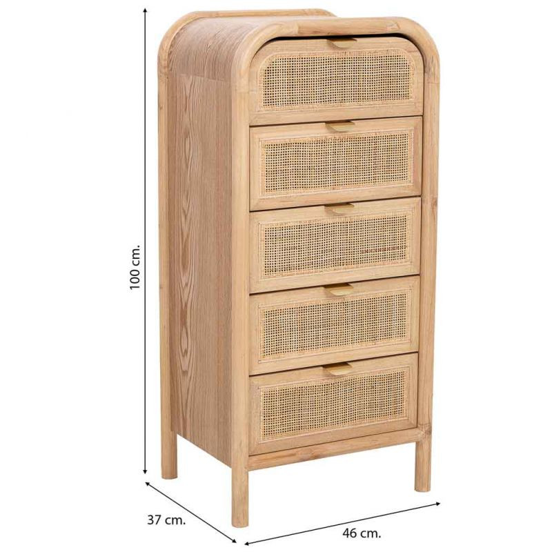 Chiffonnier 5 tiroirs bois naturel et cannage rotin 46x37x100 cm Heraloro  - 9