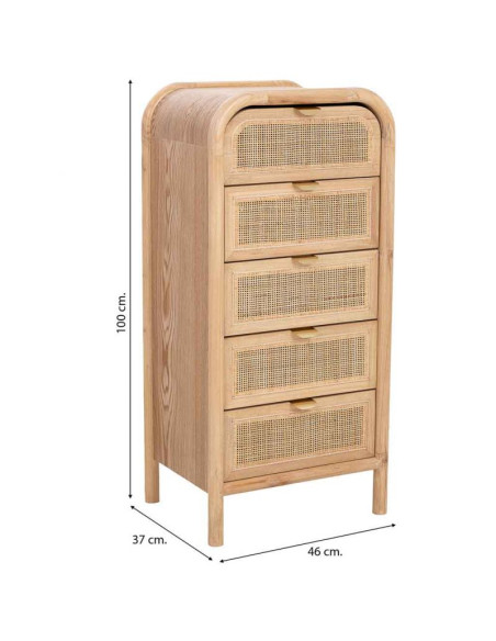 Chiffonnier 5 tiroirs bois naturel et cannage rotin 46x37x100 cm Heraloro  - 9