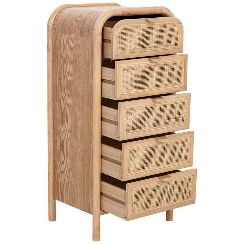 Chiffonnier 5 tiroirs bois naturel et cannage rotin 46x37x100 cm Heraloro  - 3