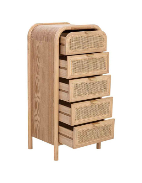 Chiffonnier 5 tiroirs bois naturel et cannage rotin 46x37x100 cm Heraloro  - 3