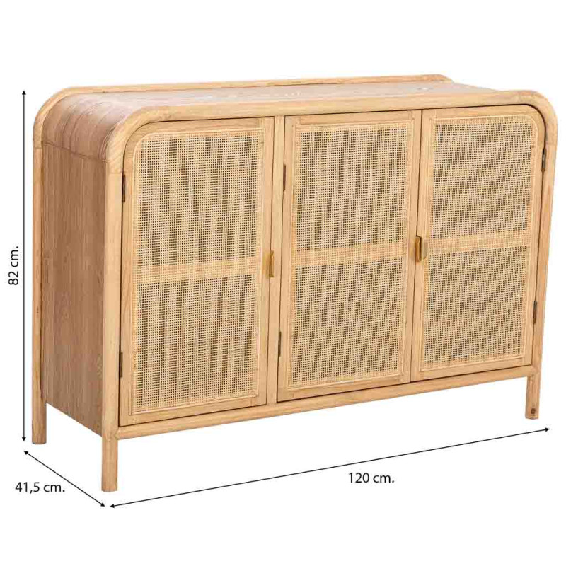 Buffet 3 portes bois naturel et cannage rotin 120x41,5x82 cm Heraloro  - 8
