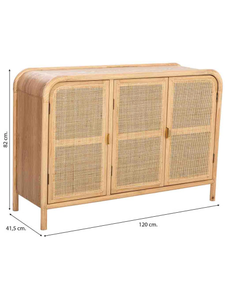 Buffet 3 portes bois naturel et cannage rotin 120x41,5x82 cm Heraloro  - 8