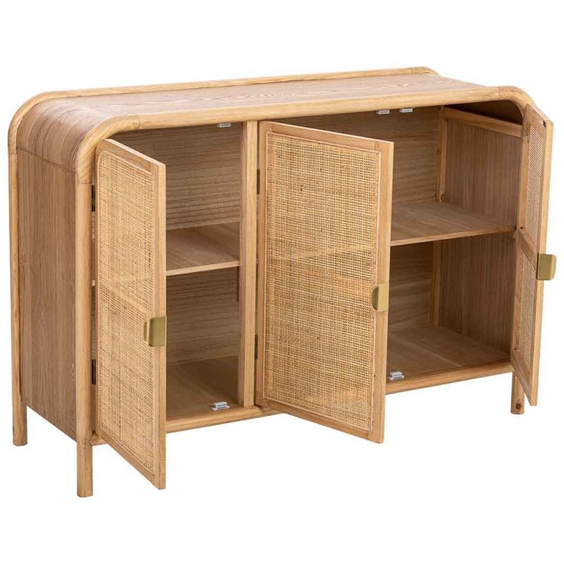 Buffet 3 portes bois naturel et cannage rotin 120x41,5x82 cm Heraloro  - 3