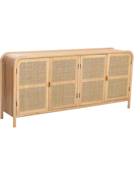 Buffet 4 portes bois clair et cannage rotin 180x40x82 cm Heraloro  - 1