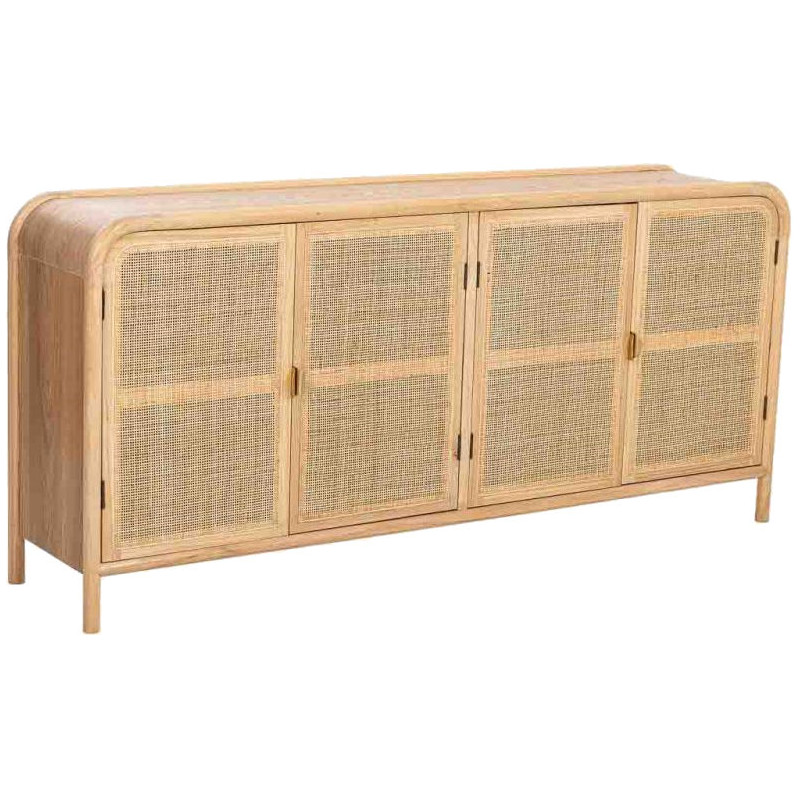 Buffet 4 portes bois clair et cannage rotin 180x40x82 cm Heraloro  - 1
