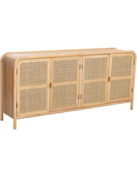 Buffet 4 portes bois clair et cannage rotin 180x40x82 cm Heraloro  - 1