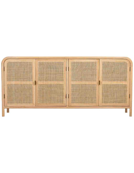 Buffet 4 portes bois clair et cannage rotin 180x40x82 cm Heraloro  - 2