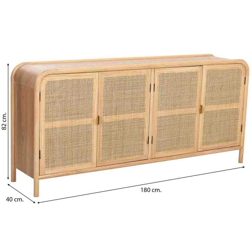 Buffet 4 portes bois clair et cannage rotin 180x40x82 cm Heraloro  - 8