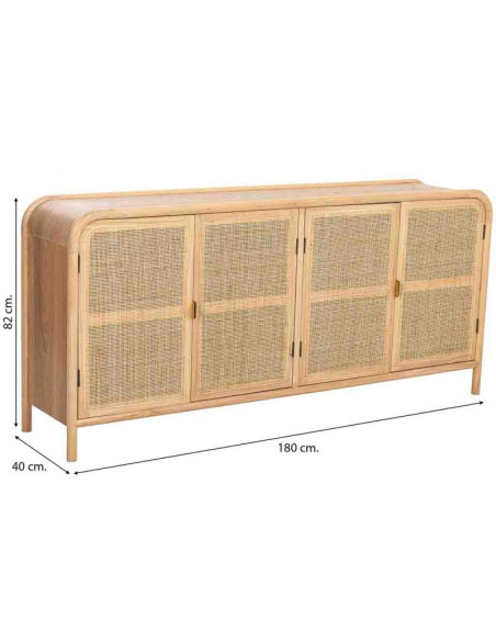 Buffet 4 portes bois clair et cannage rotin 180x40x82 cm Heraloro  - 8